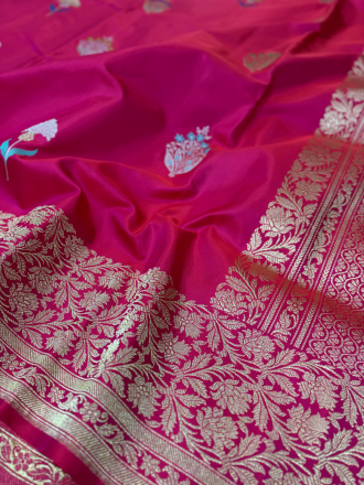 Handloom Pure Katan Silk Guldasta Tilfi Minakari Buti Saree in Kadhwa Weave