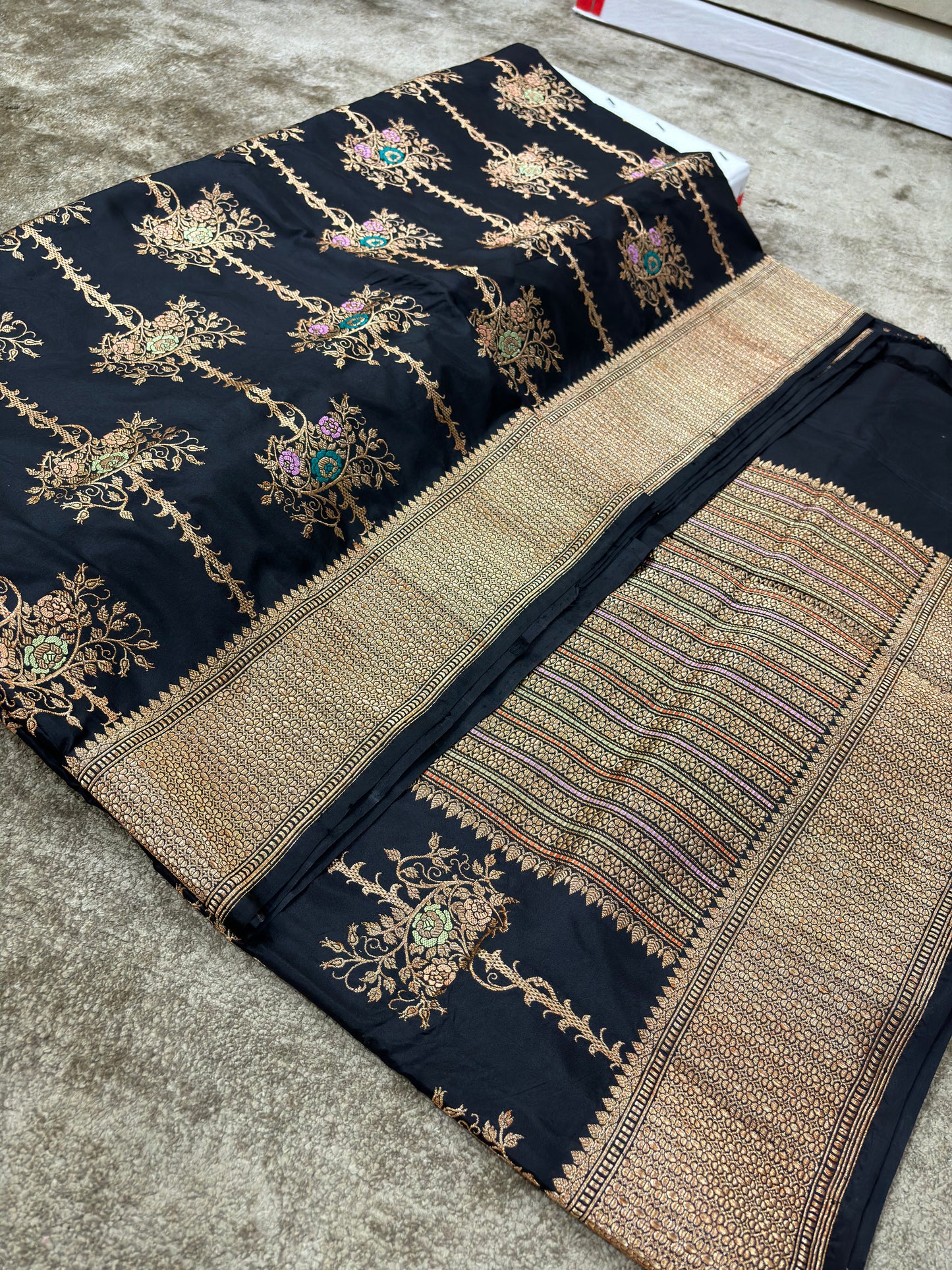 Banarasi Katan Silk Black Saree with Jaal Weaving and Tilfi Minakari Work