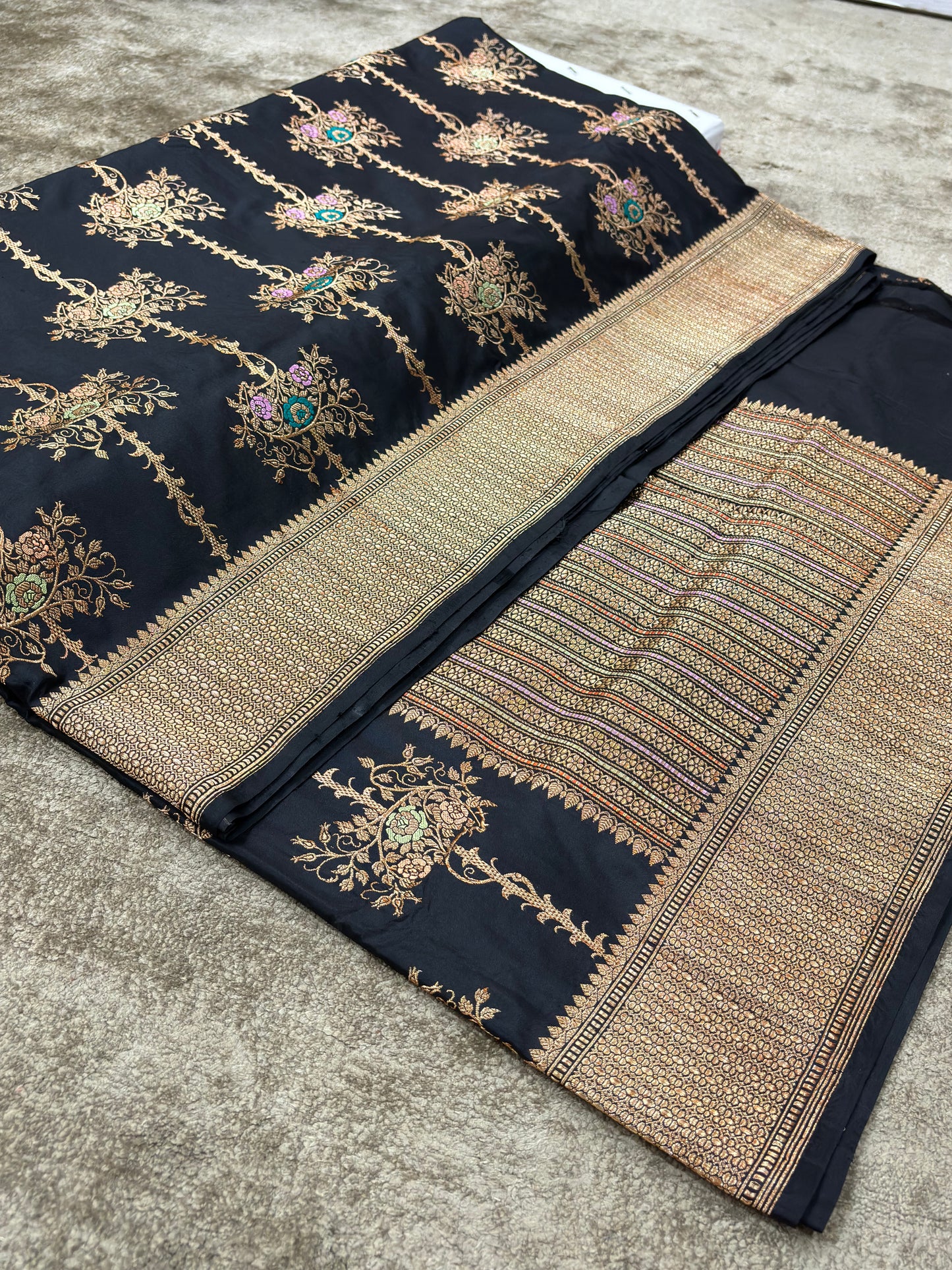 Banarasi Katan Silk Black Saree with Jaal Weaving and Tilfi Minakari Work