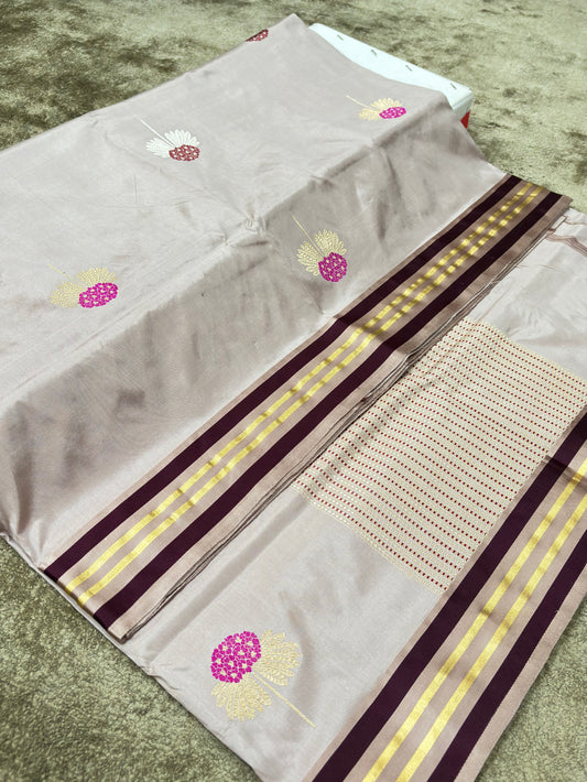  off white and silver grey border Fancy Pure Katan Silk Buta Saree with Designer Satin Borders