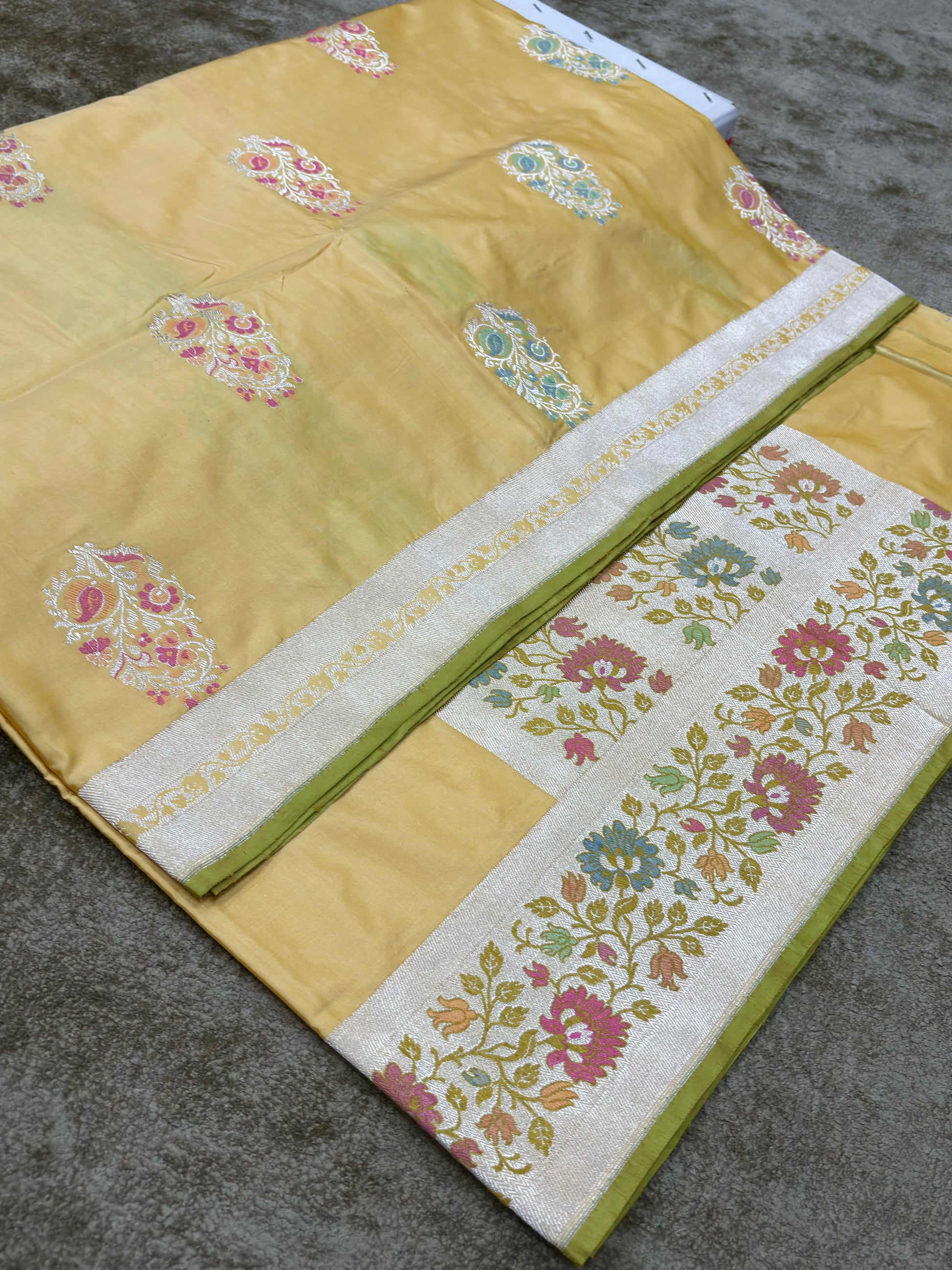  Handwoven Yellow Katan Silk Saree with Minakari Pallu and Buta Weaving