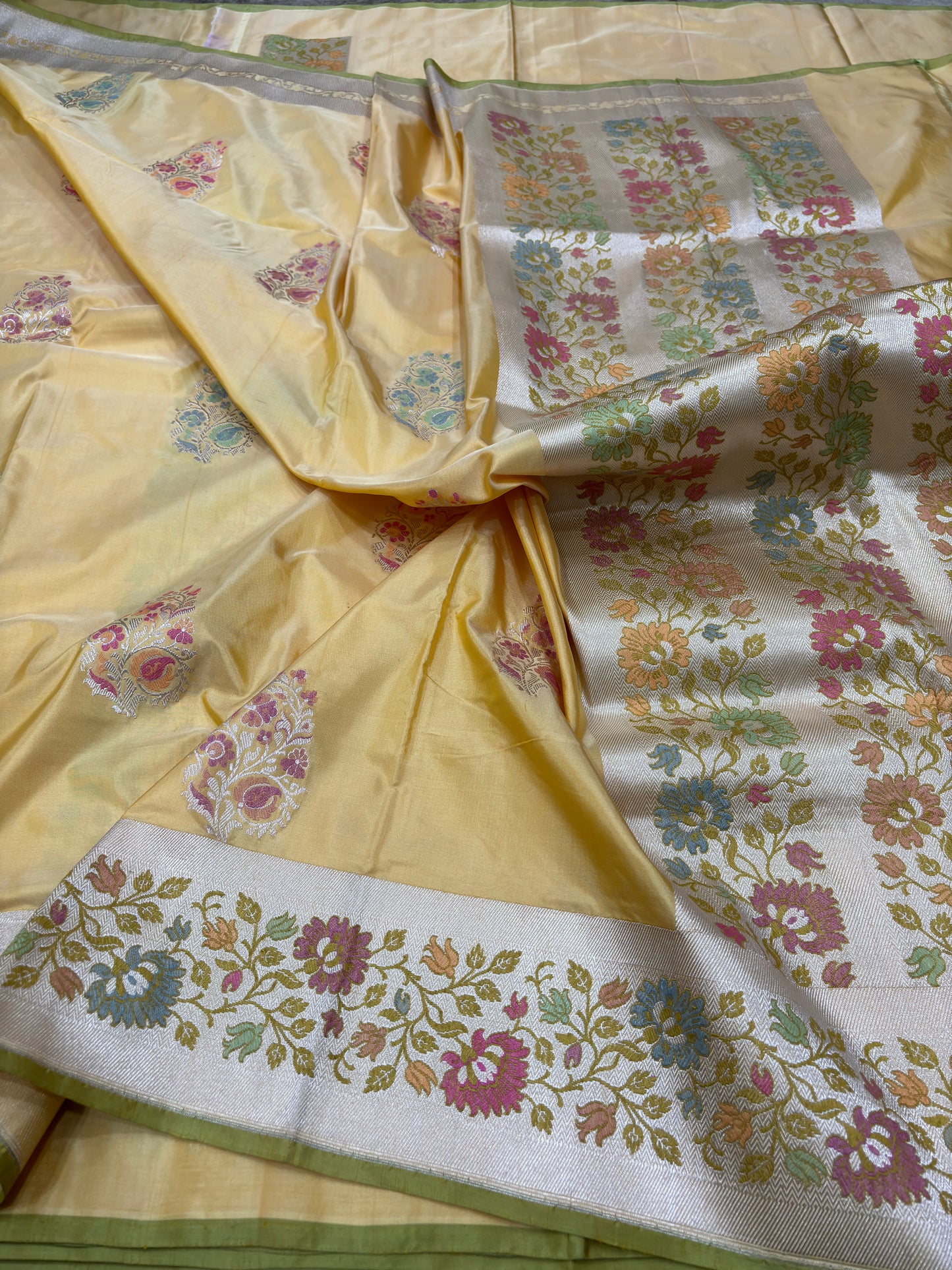 Handwoven Yellow Katan Silk Saree with Minakari Pallu and Buta Weaving