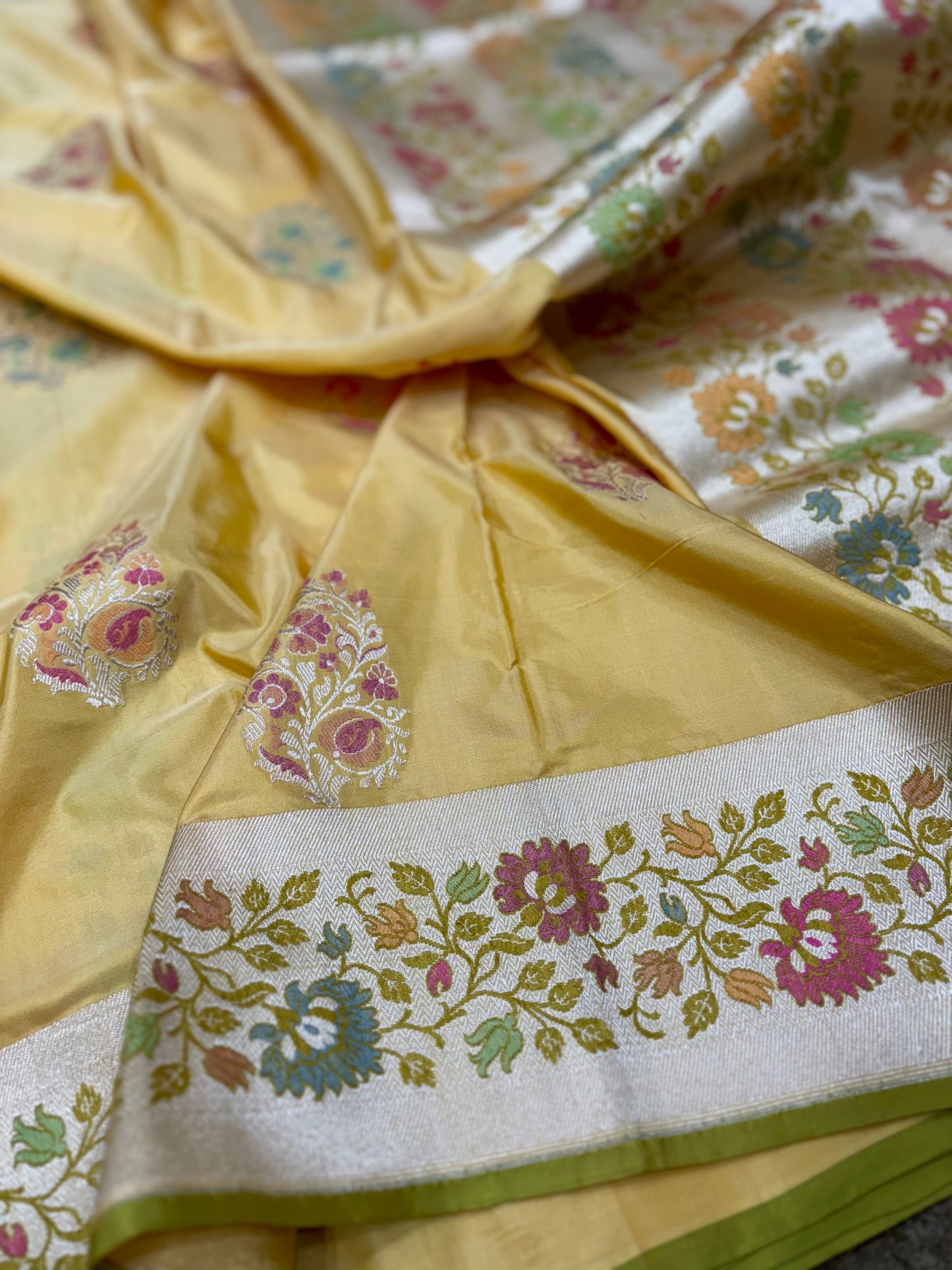 Handwoven Yellow Katan Silk Saree with Minakari Pallu and Buta Weaving