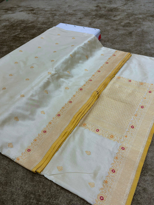 TRADITIONAL BANARASI PURE KATAN SILK ULTRA RICH COLOUR COMBINATION BUTI WEAVING WITH ALLOVER MINAKARI IN BORDER AND PALLU