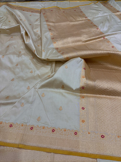 TRADITIONAL BANARASI PURE KATAN SILK ULTRA RICH COLOUR COMBINATION BUTI WEAVING WITH ALLOVER MINAKARI IN BORDER AND PALLU