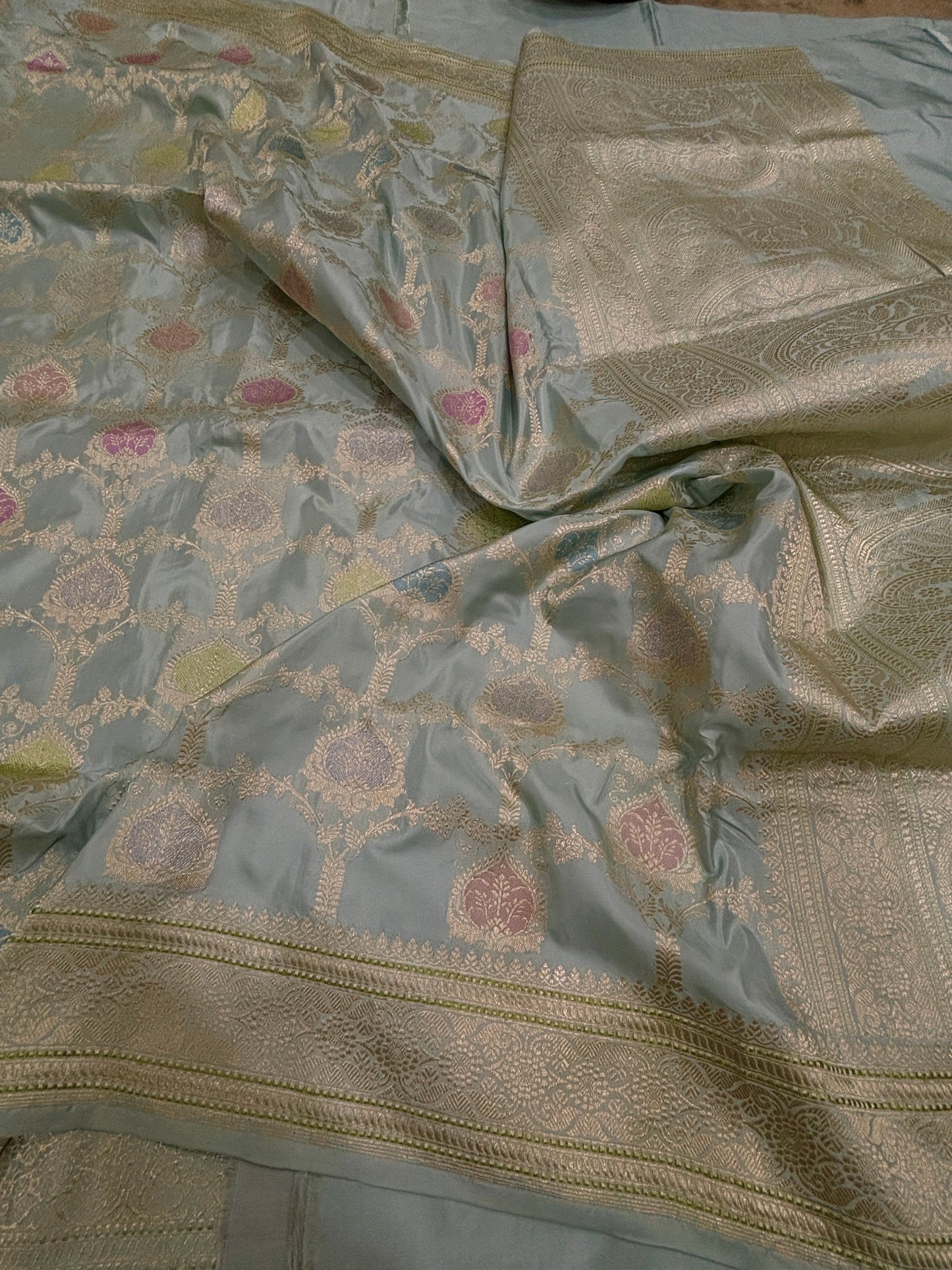 Luxury Powder Blue Saree with Kadhwa & Minakari| Helm Of Banarasi