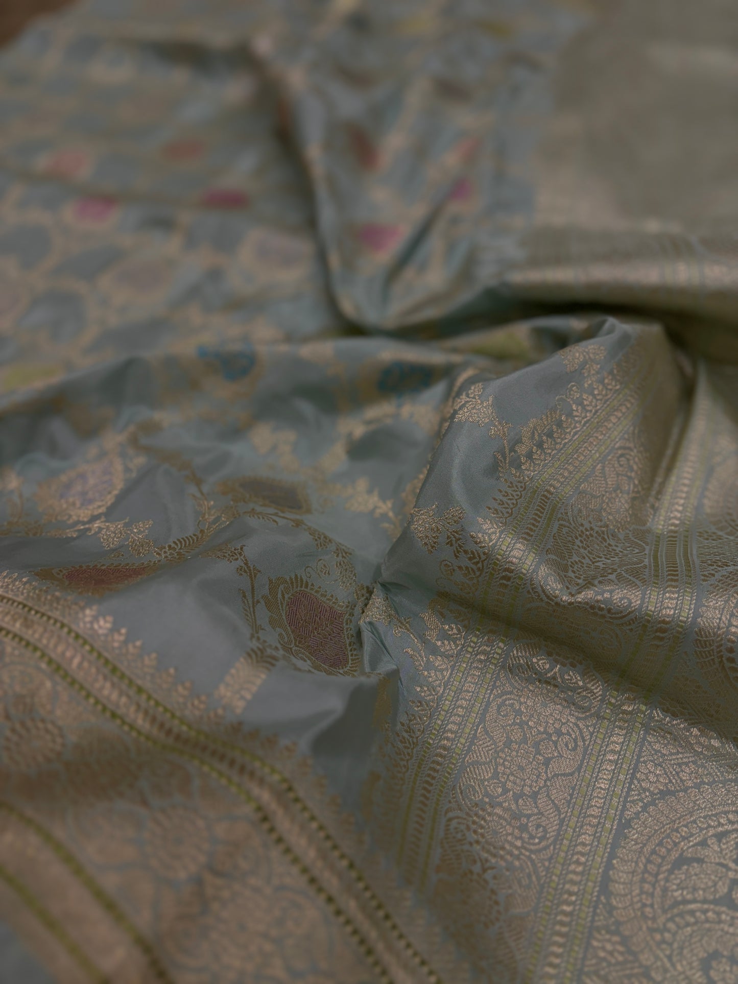 Luxury Powder Blue Saree with Kadhwa & Minakari| Helm Of Banarasi