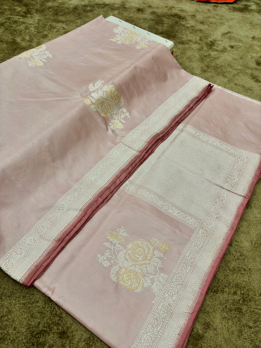   Rose Gold Ektara Katan Silk Saree with Rose Buta and Rupa Sona Work by HOB