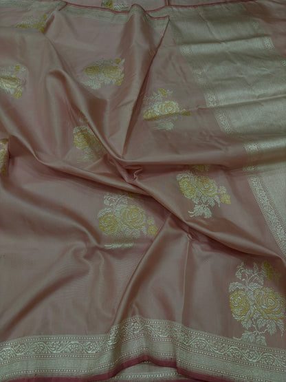 Rose Gold Ektara Katan Silk Saree with Rose Buta and Rupa Sona Work