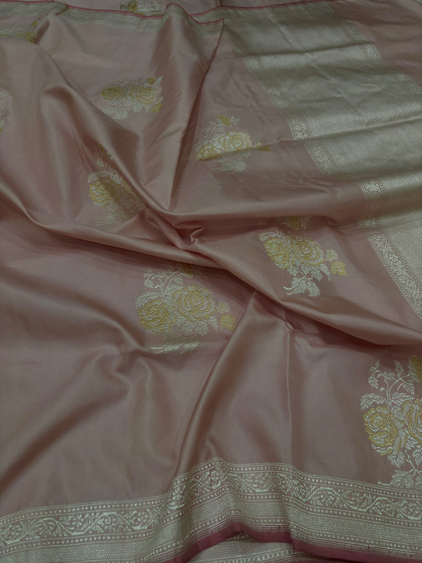 Rose Gold Ektara Katan Silk Saree with Rose Buta and Rupa Sona Work