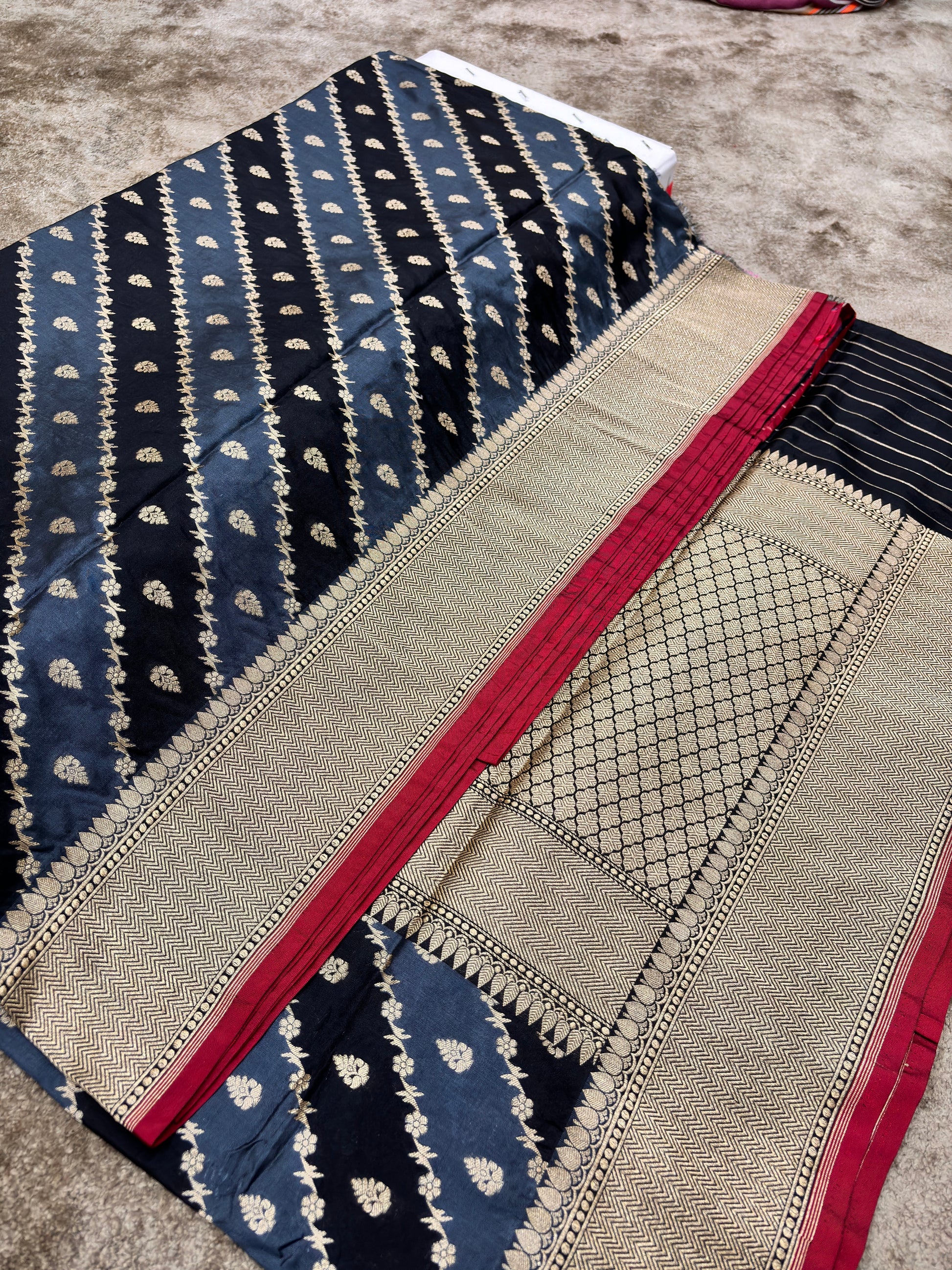 Blue and Black gold Banarasi Pure Katan Silk Weaving.