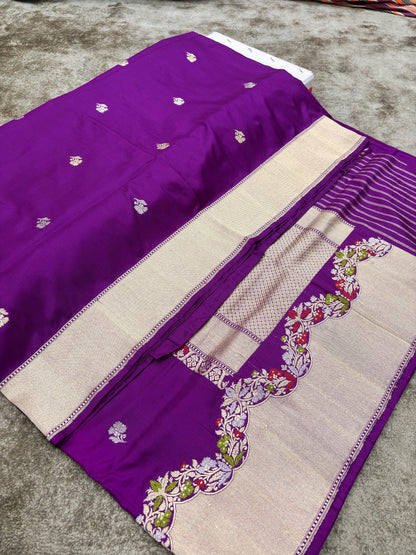 PURE KATAN SILK PURPLE BANARASI SCALLOP MINAKARI BORDER KADHWA BUTI SAREE