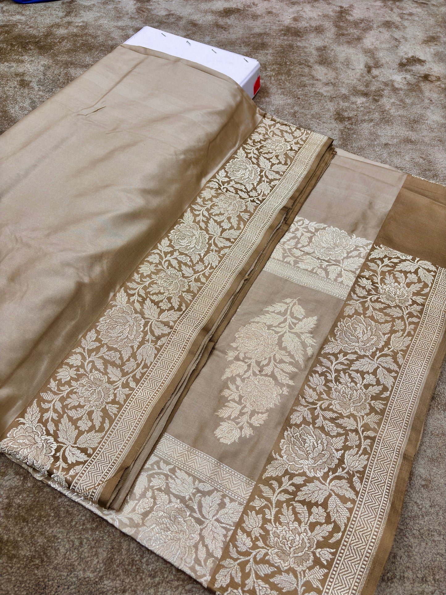  Beige Pure Katan Silk Saree Kadhwa weave, and elegant satin border