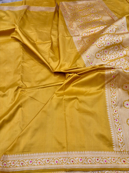 Handwoven yellow Pure Katan Silk Saree & Minakari Border Pallu