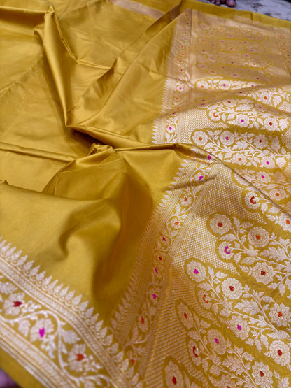 Handwoven yellow Pure Katan Silk Saree & Minakari Border Pallu