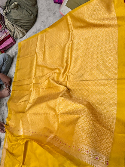 Handwoven yellow Pure Katan Silk Saree & Minakari Border Pallu