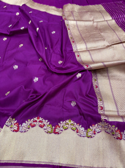 PURE KATAN SILK PURPLE BANARASI SCALLOP MINAKARI BORDER KADHWA BUTI SAREE