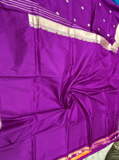 PURE KATAN SILK PURPLE BANARASI SCALLOP MINAKARI BORDER KADHWA BUTI SAREE