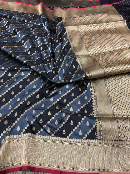 Black and Blue gold Banarasi Pure Katan Silk Weaving with Cutwork Design