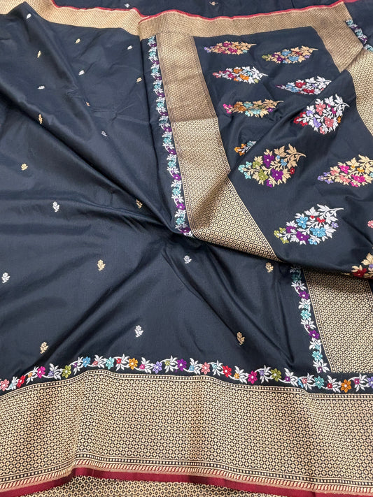 PURE KATAN SILK HANDLOOM BANARASI TILFI MINAKARI KADHWA BUTA PALLU WITH BEAUTIFUL TILFI FLOWERS LINE ON BORDER 