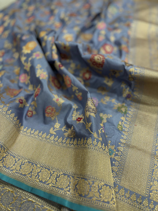 Pure Banarasi Katan Silk Kadhwa Shaded Meenakari Jaal Saree