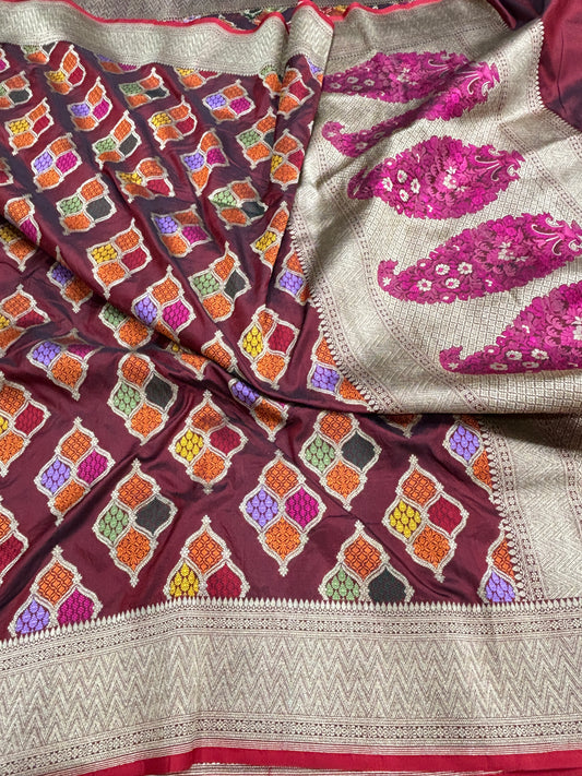 Maroon with Silver Border Pure Katan Silk Banarasi Buta Meenakari Jaal Saree by HOB