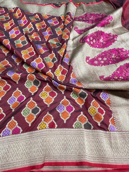 Maroon&Silver Border Pure Katan Silk Banarasi Buta Meenakari Jaal Saree