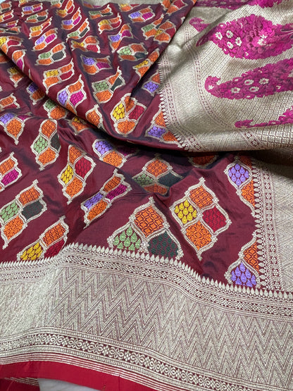 Maroon&Silver Border Pure Katan Silk Banarasi Buta Meenakari Jaal Saree