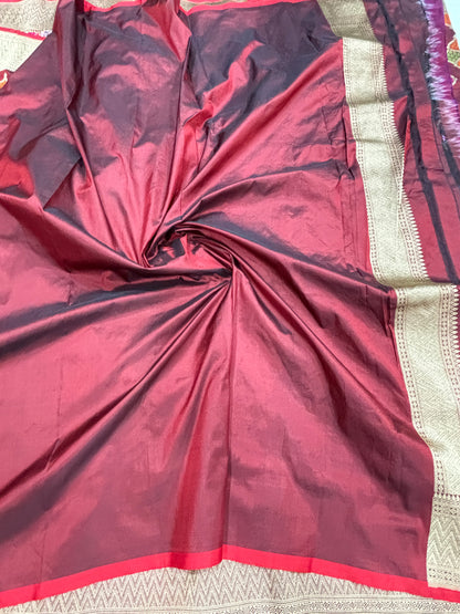 Maroon&Silver Border Pure Katan Silk Banarasi Buta Meenakari Jaal Saree