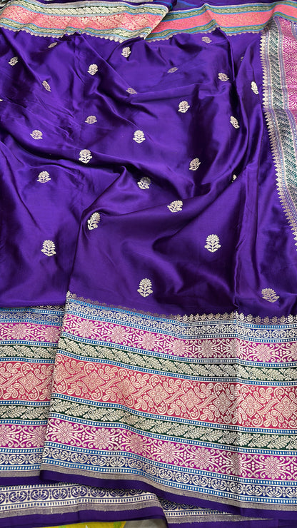 PURE SATIN SILK BANARASI KADHIYAL THREE LAYERD BORDER SAREE IN ULTRA SOFT TEXTURE 