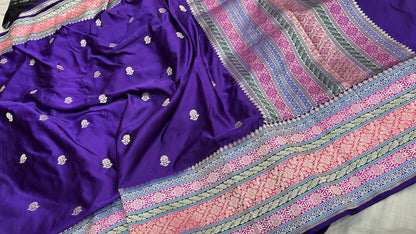 PURE SATIN SILK BANARASI KADHIYAL THREE LAYERD BORDER SAREE IN ULTRA SOFT TEXTURE 